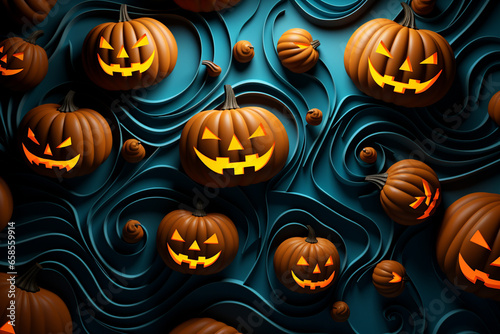 Halloween background illustration featuring a vibrant palette of blue and orange pumpkins. Ai generated