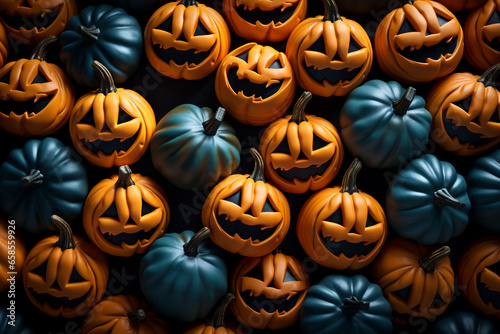 Halloween background illustration featuring a vibrant palette of blue and orange pumpkins. Ai generated