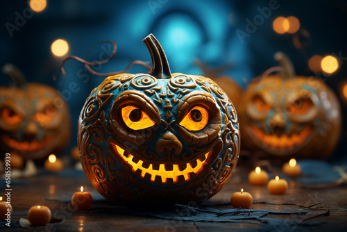 Halloween background illustration featuring a vibrant palette of blue and orange pumpkins. Ai generated