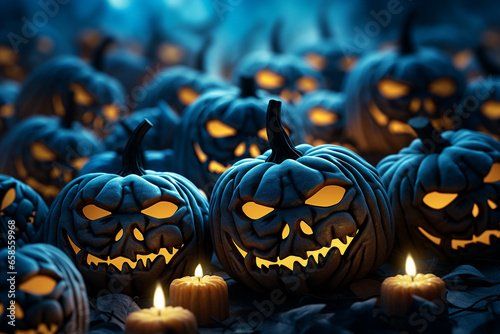 Halloween background illustration featuring a vibrant palette of blue and orange pumpkins. Ai generated