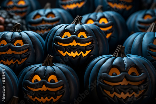 Halloween background illustration featuring a vibrant palette of blue and orange pumpkins. Ai generated