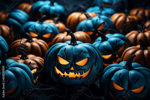 Halloween background illustration featuring a vibrant palette of blue and orange pumpkins. Ai generated