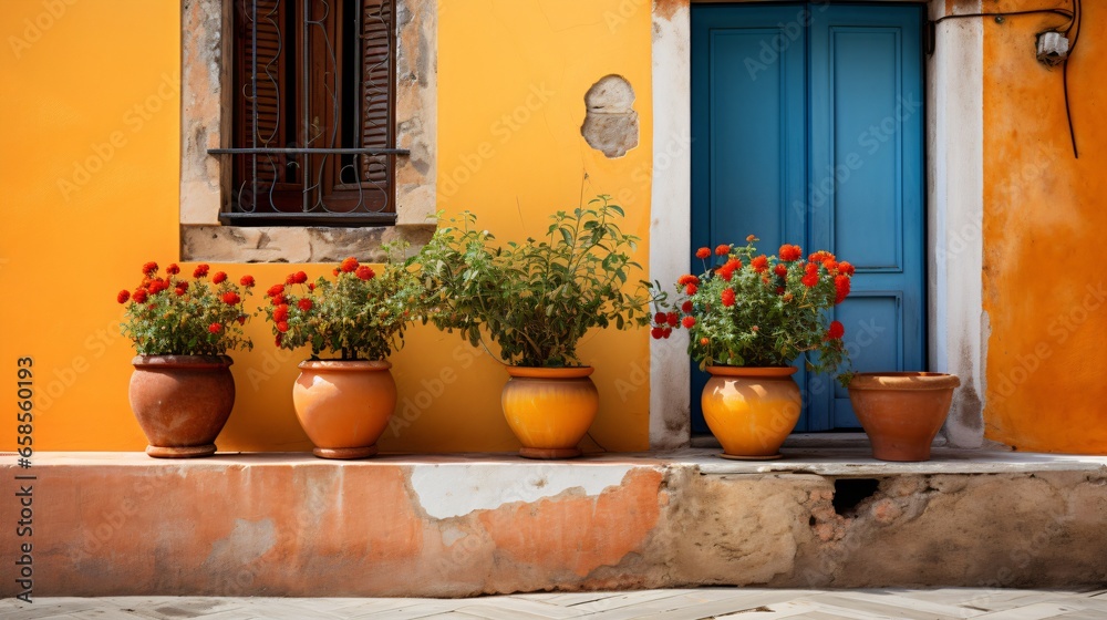 a mediterranean house with potted flowers