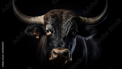 Ox on black background, in the style of contemporary realism portrait