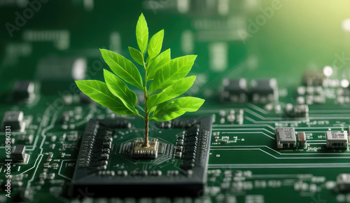 On the junction of a computer circuit board, a tree is growing. IT ethics, CSR, green computing, and green technology. green technology concept. green environment