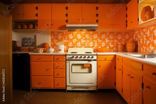 Retro orange kitchen. Dinning set. Generate Ai