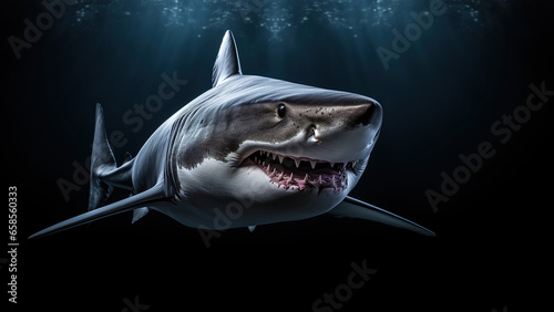 Shark on black background  in the style of contemporary realism portrait