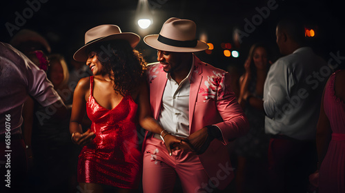 Black couple dancing at party.