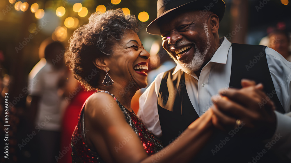 An elderly couple dancing at a party, eternal love and trust. - obrazy, fototapety, plakaty 