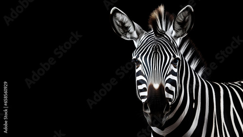 Zebra on black background, in the style of contemporary realism portrait.