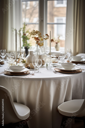 A minimalist dining table set with white tablecloth and chairs