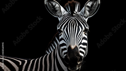 Zebra on black background  in the style of contemporary realism portrait
