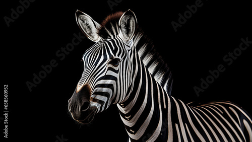 Zebra on black background  in the style of contemporary realism portrait