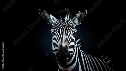 Zebra on black background  in the style of contemporary realism portrait.