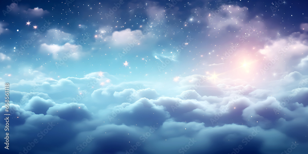 Realistic sky and clouds pink pastel sky and stars fantasy background.