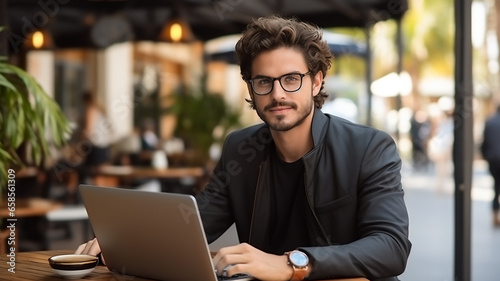 Online Freelance Job: Happy Man with Laptop in a Stylish Coffee Shop, Remote Work