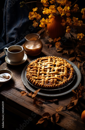 A delicious homemade pie on a rustic wooden table