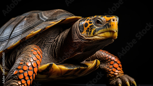 Amazing turtle on a black background, in the style of contemporary realism portrait.