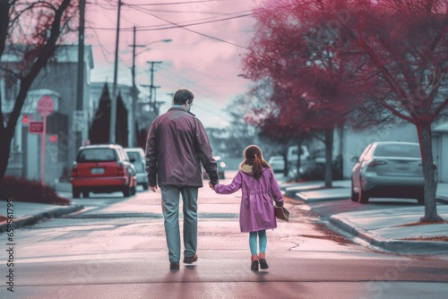 Little daughter and young adult father speaking and walking on sidewalk