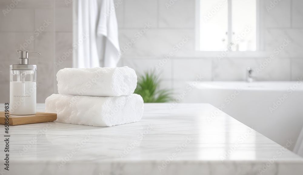 Interior of a white bathroom. Unfilled marble tabletop for product display against a fuzzy bathroom interior. Product display, presentation. Copy space for text, advertising, message, logo