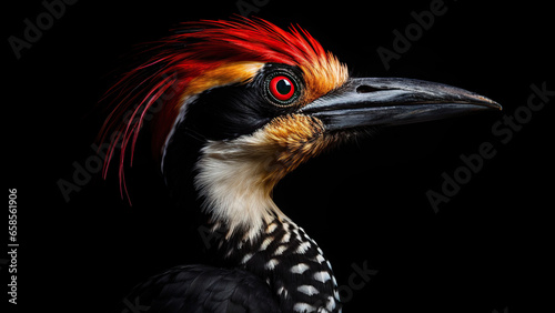Woodpecker on black background, in the style of contemporary realism portrait