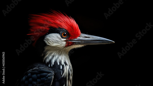 Woodpecker on black background, in the style of contemporary realism portrait.