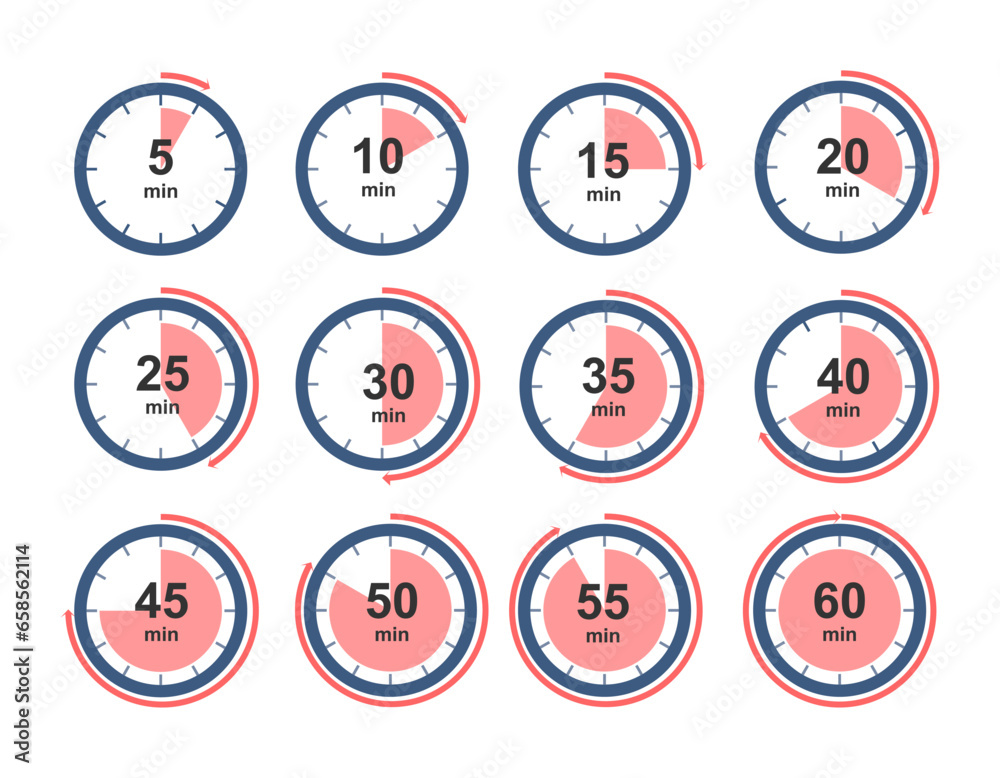 set of countdown timer icon symbol. from 5 minute to 60 minute. timer clock stopwatch vector isolated on white background. - obrazy, fototapety, plakaty 