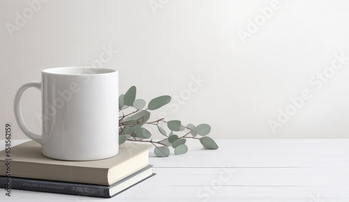 A white wooden table with a eucalyptus branch, a stack of books, and a white ceramic mug. Copy space for text, advertising, message, logo