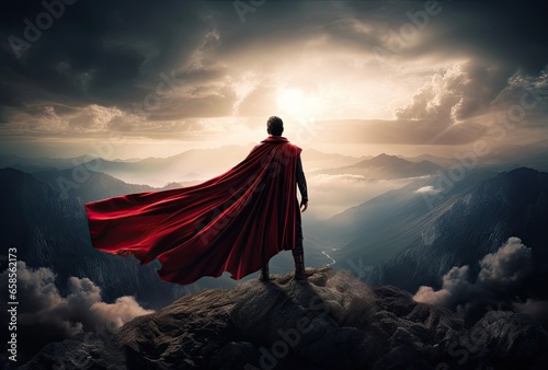 Man with red cape on the top of mountain with cloudy sky background. photo