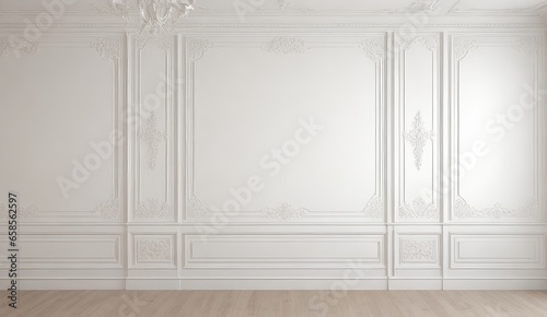 Interior of a vacant room with a white wall, traditional moldings, and a wooden floor. Product display presentation. Copy space for text