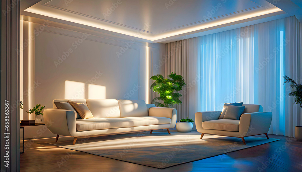 Modern Interior of a modern living room with neutral walls, rug and sofa 3d rendering Modern Interior of a modern living room with neutral walls, rug and sofa 3d rendering
