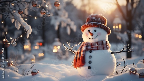 Happy snowman in winter scenery as a symbol of Christmas and New Year holidays in the beautiful light of sunset with copy space. A snowman in a cap and a scarf. © ImaginaryInspiration