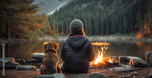 An attractive view of the lake at sunset is being admired by a woman and her dog as they relax next to a campfire. An alliance between a dog and a human