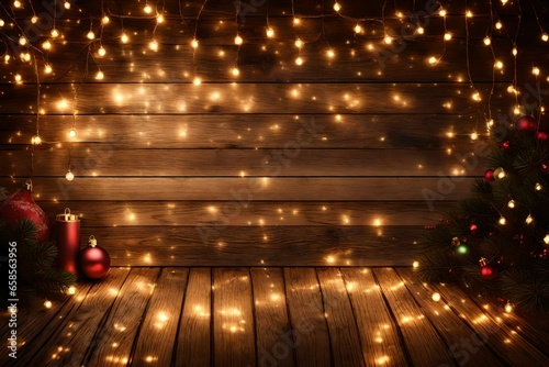 Christmas background. planked wood with lights and free text space.