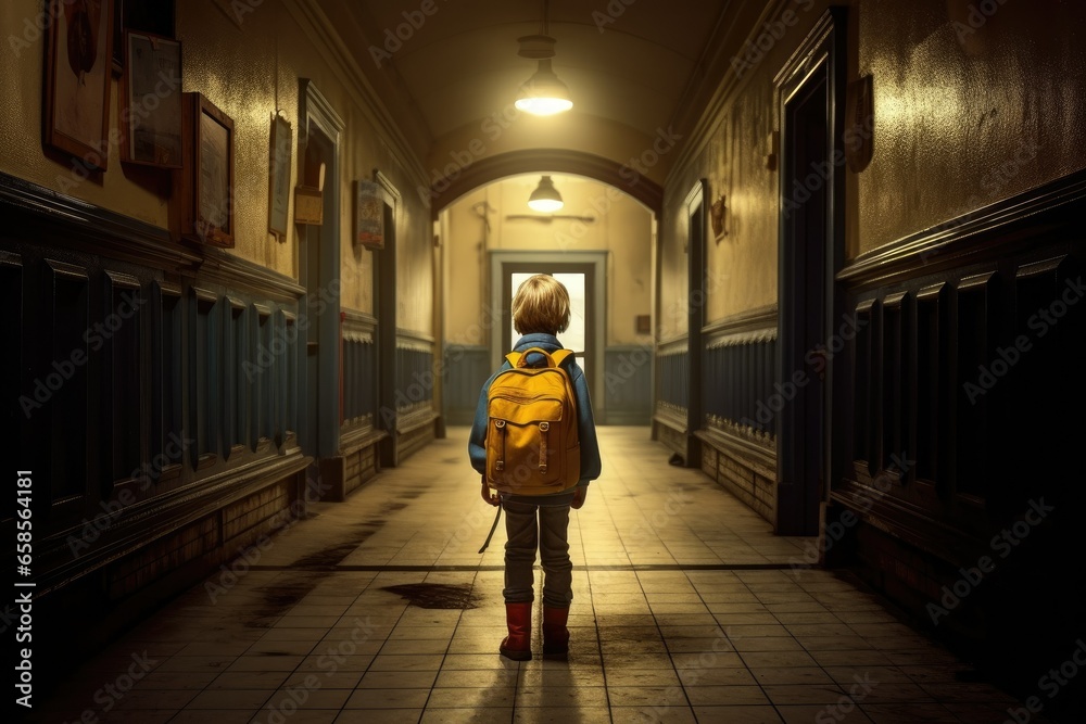 Child with schoolbag walking to school