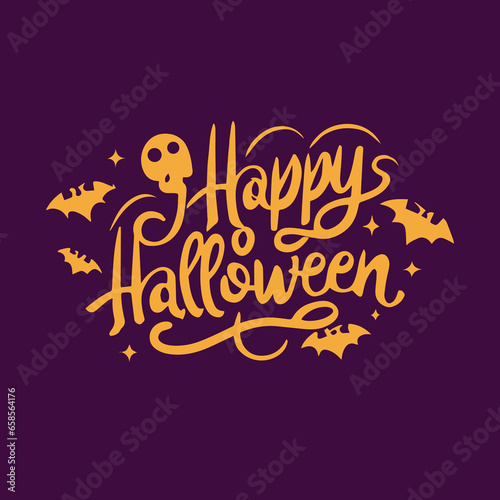 Happy Halloween Typography Logo Lettering on Purple Background with Bats  Pumpkin and Horror Theme