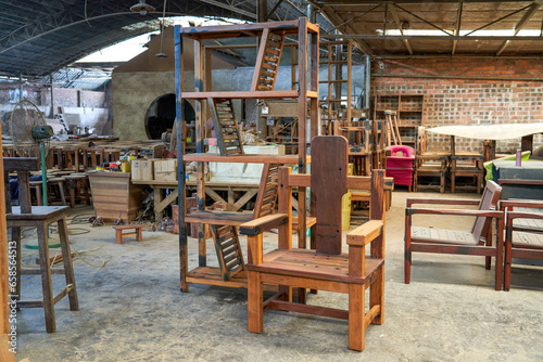 A busy and messy furniture processing factory