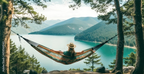 Woman enjoying the view of the mountain lake while lounging in a hammock between two pine trees in the summer. © CFK