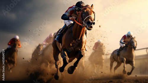 Horse Racing close up Photo. Sports, Horse racers. Ai generative. 