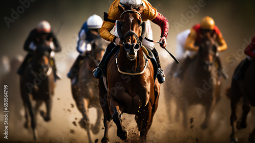 Horse Racing close up Photo. Sports, Horse racers. Ai generative.   © Unique Creations