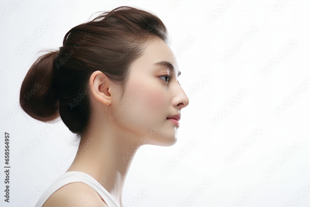 肌の綺麗な日本人女性の横顔(アジア人・白背景・背景なし) 肌の綺麗な日本人女性の横顔(アジア人・白背景・背景なし)