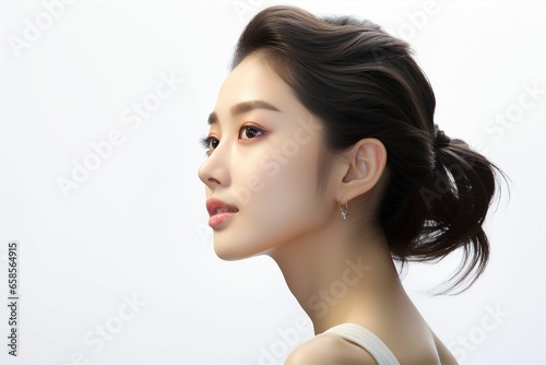 肌の綺麗な日本人女性の横顔（アジア人・白背景・背景なし）