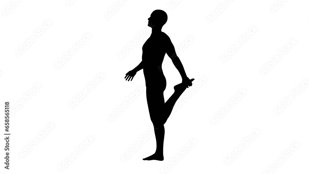 Silhouette of a beautiful young athletic man stretching leg, transparent background. 3d illustration (rendering).