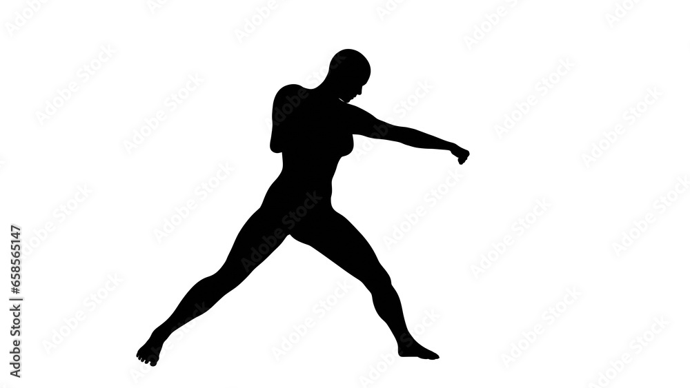 Silhouette of a beautiful young athletic woman boxing, transparent background. 3d illustration (rendering).
