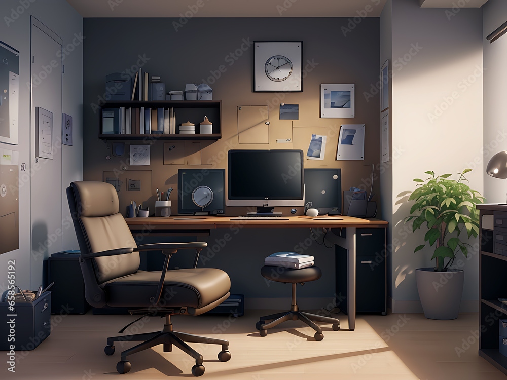 Office of business person modern room with 3d realistic vector interior background. Laptop rack with clock and flowerpots illustration, Generative AI Office of business person modern room with 3d realistic vector interior background. Laptop rack with clock and flowerpots illustration, Generative AI