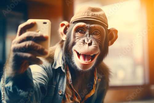 Monkey as a smiling man taking self portrait. He is dressed in casual clothes. Generative AI © SergeyIT