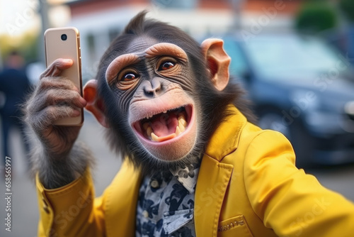 Monkey as a smiling man taking self portrait on city street. He is dressed in yellow jacket. Generative AI © SergeyIT