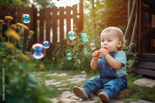 Toddler bubbles fun. Summer play. Generate Ai
