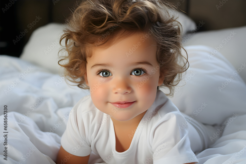 a small healthy baby is lying at home in a white bodysuit. The kid looks at the camera, smiles a small healthy baby is lying at home in a white bodysuit. The kid looks at the camera, smiles