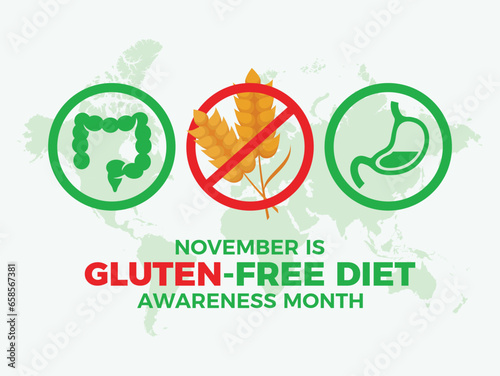 November is Gluten-free Diet Awareness Month vector illustration. Celiac disease and gluten issues icon set vector. Gluten intolerance symbol. Important day
